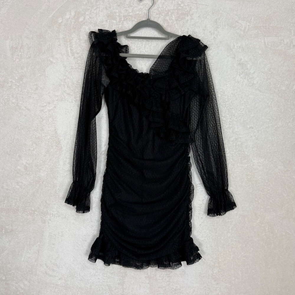 Privy Black Mesh Ruched Mini‎ Dress Size L Dark Feminine Romantic Sheer Bodycon